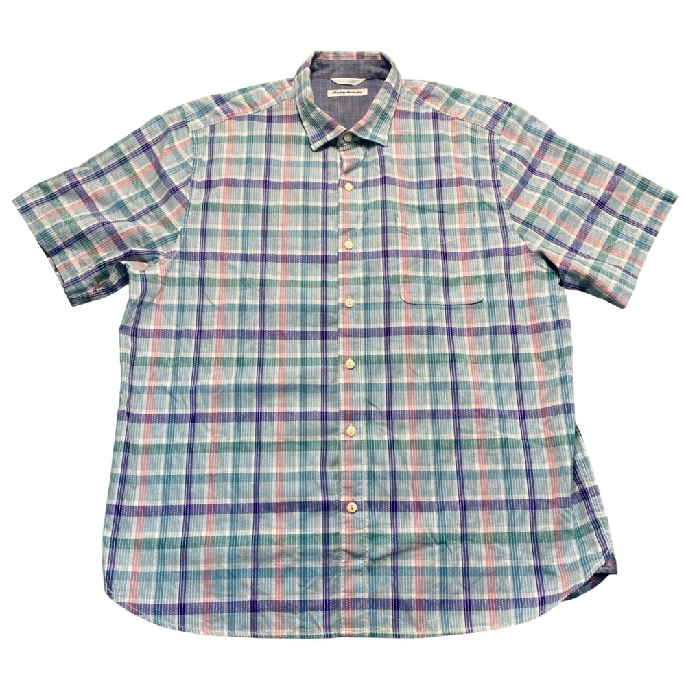 Tommy Bahama Mens XL Short Sleeve Plaid Button Down Shirt Blue Green Dobby Weave